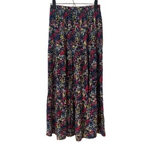 Women's Vintage Espresso Viscose Skirt Colorful Floral Print Below Knee Size M